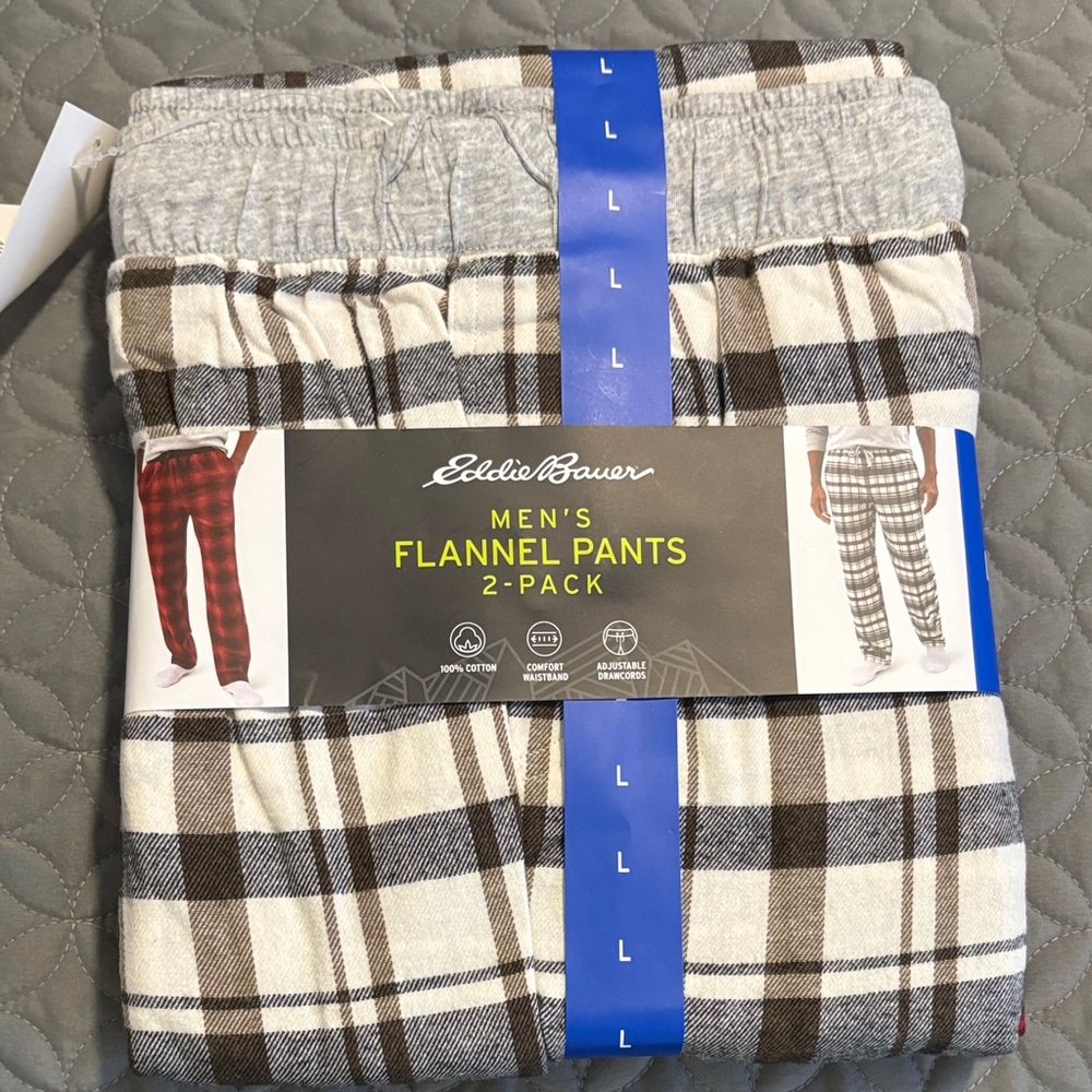 Eddie Bauer Men's Flannel Pants 2-Pack - Cream and Brown Plaid